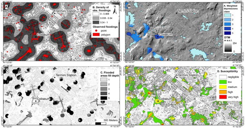 Figure 3. Examples of grid and vector layers produced for the flood hazard mapping. (a) density of observed floods (DENS grid); (b) FILLED DTM and weighted depressions (WEIGHTED DEPRESSION grid); (c) Standardized fill depth of flooded areas (stand-FLAD grid) and (d) Resulting map of susceptibility to pluvial flood. Geographic coordinates refer to the WGS84 geodetic system.