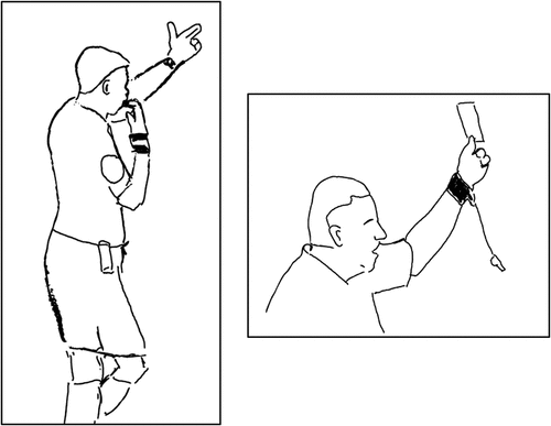 Images 8 and 9. Referee gesturing towards the cautioned player and holding up the yellow card.