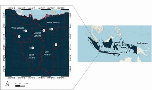 Figure 3. Study areas. Small rectangles numbered from 1–6 represent 2.4 km2 sample areas for the visualisation and the magnification of the results