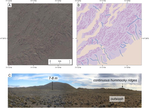 Figure 6. (A) Satellite image (DigitalGlobe 2015; ESRI™) and (B) continuous hummocky ridges mapped along the southern LC-P ice lobe margin. The image shows numerous short ridges and hummocks that connect to generate longer ice-margin parallel chains when viewed in planform. Sequences of closely spaced ridges are separated by narrow lateral outwash corridors, whilst individual ridges may be separated by minor marginal meltwater channels of <50 m wide. The outer ridges (bottom right of image) are heavily dissected by meltwater channels which feed a lateral sandur plain. (C) View across continuous hummocky ridge chain, showing variable hummock height and lengths, and proglacial outwash deposits.