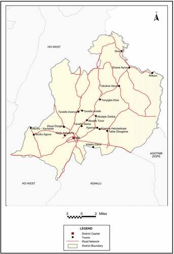 Figure 1. District map of Ho Municipal showing the sampling sites. Source: 2010 population and housing census, District analytical report, (Ho Municipality) (Ghana Statistical Service GSS, Citation2010).