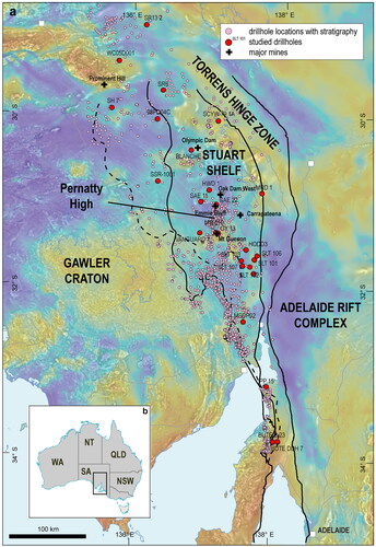 Figure 1. (a) Location map of the Stuart Shelf showing distribution of drill holes (pink dots), copper mines or deposits (black cross), studied drill holes (with label), background map gravity in colour, magnetic TMI-VRTP-1VD in relief shading, and (b) location map of the Stuart Shelf within Australia.