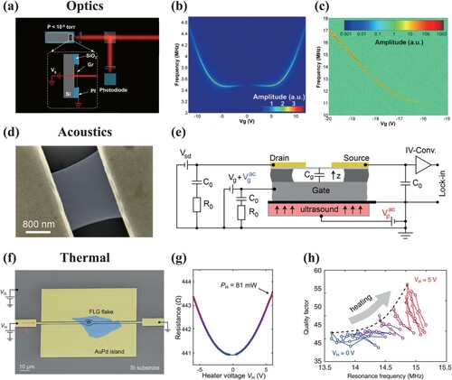 Figure 7. Graphene-based NEMS resonators manipulated by optical, acoustic and thermal approaches. (a) Experimental setup of graphene resonators by capacitive driving and optical monitoring [Citation53]. (b) 2D mapping of amplitude of reflected lights vs frequency and Vg at low laser power (300 µW) [Citation53]. (c) Log-scale amplitude vs frequency and Vg, showing the tunable frequency when graphene is self-oscillating [Citation53]. (d) A false-color SEM image of graphene-based resonator. (e) Schematic diagram of actuation and detection for graphene resonators. Ultrasonic waves propagate through the substrate to gold contacts and actuate the graphene resonator, thereby generating an electrical signal [Citation125]. (f) False-color SEM image of graphene device. Graphene sheet (blue) is suspended from the AuPd (yellow) heater and supported by surrounding AuPd islands. (g) The measured resistances as functions of heating voltages. (h) Frequency versus quality factor plot at different heating voltages [Citation126].