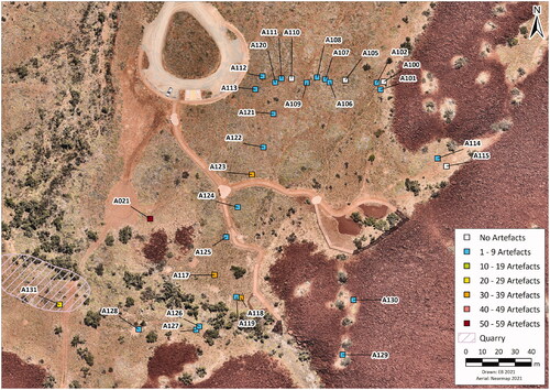 Figure 17. Recorded sample squares and the density of artefacts in each square; the old and new car park, walkways and platforms evident in the base image.