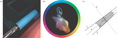 Figure 1. (a) The color-coded instrument. (b) The averaged color distribution in the H-S plane for 3000 laparoscopic images, together with the H-S occupation of the colored band in the highlighted oval. (c) The segmented image with superimposed geometric features needed for localization. [Color version available online.]