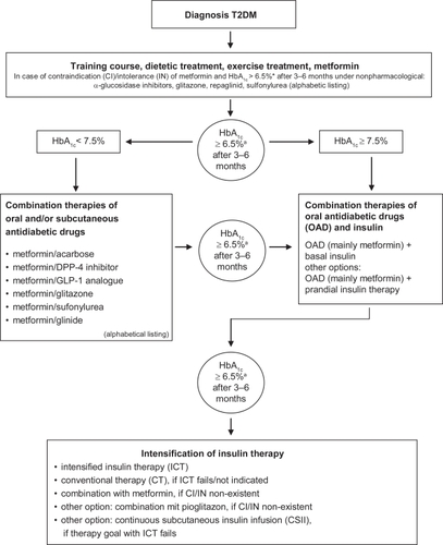 Figure 1 Evidence-based guideline for antihyperglycemic treatment in patients with T2DM (adopted from the German Diabetes Association [Deutsche Diabetes Gesellschaft/DDG] based on the data from the ACCORD, ADVANCE, VADT and UKPDS post-trial).aReduce HbA1c level to ≤6.5% from ≤7% might be advantageous but only when:– (severe) hypoglycemia is prevented– weight gain does not occur– use of multiple glucose-lowering drugs (>2) or additional insulin therapy can be avoidedHbA1c should be measured every 3 months. Therapy should be intensified if/when the target level is missed. In contrast, pharmacological dechallenge and ‘step back’ can be performed if the individual HbA1c remains stable over a longer time.
