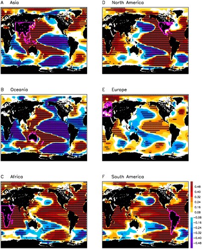Fig. 16 Correlation of the 40–100-year filtered global SST anomalies in the past 2000 years from the LMR reanalysis with the 40–100-year filtered area-averaged precipitation anomalies for (a) Asia, (b) Oceania, (c) Africa, (d) North America, (e) Europe, and (f) South America. Black stars denote the grids with correlation coefficient above the 95% confidence level. Magenta lines denote the region for precipitation averaging.