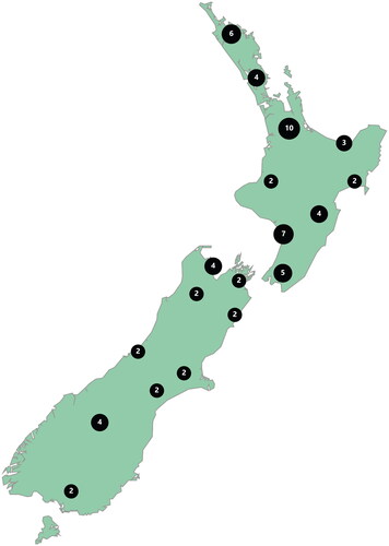 Figure 1. Schematic figure showing the geographic distribution of study apiaries across New Zealand; aggregated site data is presented to protect the privacy of the participant beekeepers.