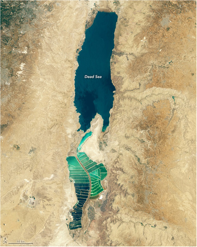Figure 1. The Dead Sea as seen by satellite image in 2019 (https://earthobservatory.nasa.gov/images/145373/getting-saltier).
