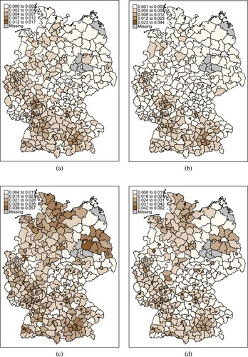 Figure 3. Inflow of internal migrants (aged 18–64) in Germany as a share of the total population in each county: (a, b) the foreign working population; (c, d) the German working population; (a, c) 2000; and (b, d) 2014.