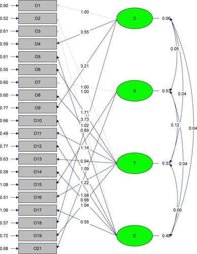 Figure 1 Result map of the confirmatory factor analysis for the four-factor model.