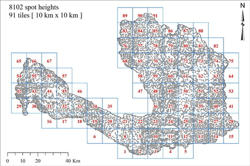 Figure 3. Spot height locations of the Department of Survey, Government of Nepal across the West Rapti River basin. The tile size is 10 km x 10 km. There are 91 tiles covering the entire study area.