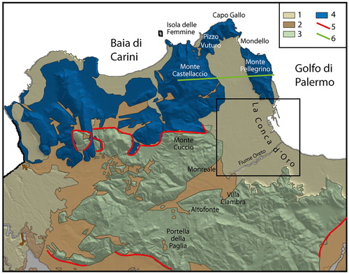 Figure 1. Geological sketch of Palermo-Belmonte Mezzagno-Trabia Mountains. Inset shows the mapped area. 1. Marine conglomerate and arenite; continental breccia, arenite, and silt (Quaternary); 2. Clay and quartz sandstone – Numidian flysh (Oligocene – Lower Miocene); 3. Limestone, marl, dolostone, and cherty limestone – Imerese basin successions (Upper Triassic – Oligocene); 4. Limestone and dolostone – Panormide platform successions (Upper Triassic – Oligocene); 5. Main thrust; 6. Track of the geological section of Figure 3.