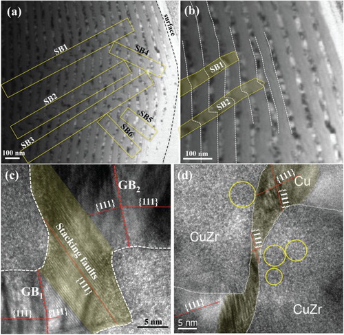 Figure 11. TEM images of the 40 nm CuZr/Cu multilayer after indentation testing. (a) Six shear bands outlined in the yellow rectangles and (b) the shear bands SB1 and SB2 end at the CuZr–Cu interfaces. (c) and (d) slip bands in the Cu layers that formed associated with shear on {111} planes nonparallel to the layers. The thin red line in (c) and (d) represents {111} planes in the Cu. Two tilt grain boundaries, GB1 and GB2, are marked in (c), indicating that shear also occurs on the {111} plane parallel to the layers. The regions outlined by the yellow circles show a crystalline structure in the CuZr.