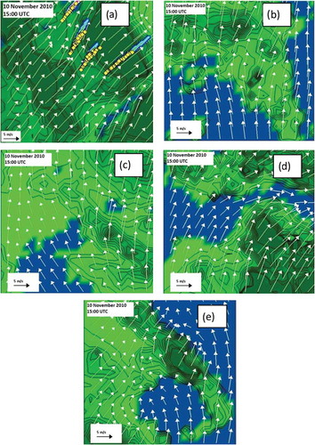 Figure 10. Typical PM10 dispersion conditions in the (a) Western Macedonia Lignite Area (WMLA), (b) Greater Athens Area (GAA), (c) Greater Thessaloniki Area (GTA), (d) Patras Area (VA), and (e) Volos Area (PA) during ADI EEs.