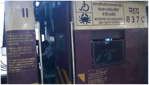 Figure 3. Sign ‘Reserved for handicapped and cancer patients’ on side of the train next to the door of the HC of an older small ‘handicapped compartment’.