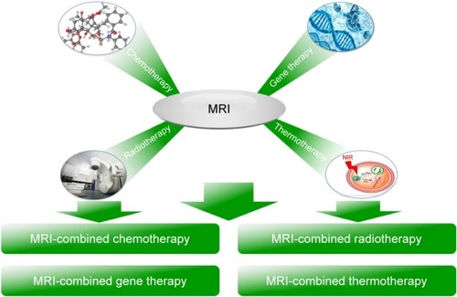 Figure 2 The scheme of bifunctional or multifunctional MRI-contrast agents and their applications.Abbreviation: NIR, near-infrared.