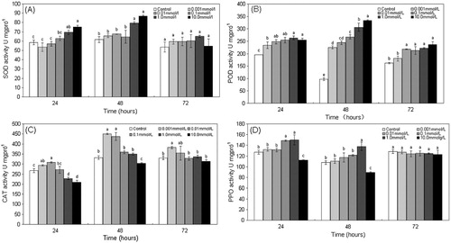 Figure 1. The activity change in SOD (A), POD (B), CAT (C), and PPO (D) in poplar leaves after treatment with MeSA for different lengths of time.Note: All values are mean ± standard deviation of the mean (SD). Different letters indicate significant differences between the treatment and the control (P < 0.05; t test).