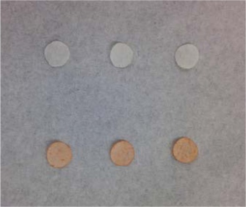 Figure 1 Light image of selenium coated and uncoated paper towels.Notes: The three pieces on the top are paper towels without selenium coating. The three on the bottom are paper towels coated with selenium nanoparticles. The diameter of each sample equals to 7 mm.