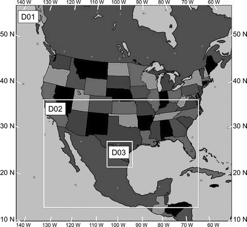 Figure 2. Nested modeling domains defined for the MM5 application (labeled as D01, DO2, and DO3).