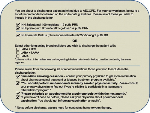 Figure 1. The above EHR-based CDS tool was placed in the patient care workflow after confirmation of the AECOPD diagnosis and before completion of discharge medications and recommendations. The tool is launched automatically in the navigator menu. Once the physician selects one of the long-acting bronchodilators shown above then a menu with all of the relevant inhalers for that specific category is shown (e.g. “INH. Tiotropium bromide 2.5 mcg/puff 2-puffs OD”). The recommendations selected by the physician will automatically convert into prescriptions and written recommendations that will appear in the discharge letter.