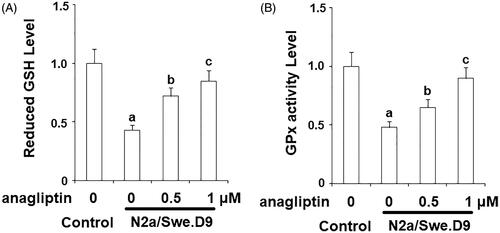 Figure 4. Anagliptin (0.5, 1 μM) restored the reduction of reduced glutathione (GSH) in AD cell models. N2a/Swe.D9 cells were stimulated with 0.5, 1 μM anagliptin for 24 h. (A) Reduced GSH was determined; (B) GPx activity was measured (a, b, c, p < .01 vs. the previous group).