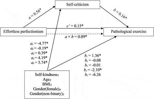 Figure 3. Self-criticism as a mediator of the relationship between effortless perfectionism and pathological exercise (*p < .05).