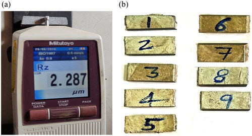 Figure 5. (a) Surface roughness tester. (b) Machined workpieces on WCEDM.
