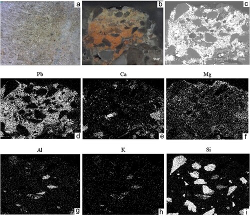 Figure 3. Microstratigraphic analysis of fragment 2. (a) residues of glue and gauzes (portable microscope); (b) micrograph of the painted sequence under visible incident light; (c) BSE image; (d–i) X-ray maps.