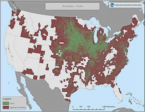 Figure 4. Distribution of corn land-use (aggregated 2010 to 2018 CDL corn data) and counties that overlap >0.95% with area of species-range for one or more listed species
