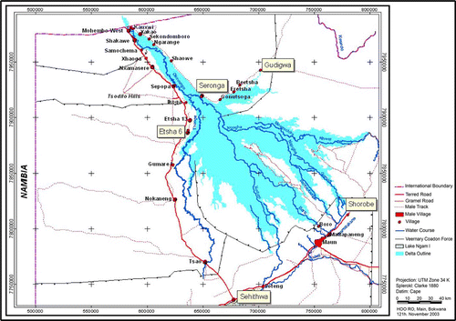Figure 2: Map of the Okavango Delta showing the study areas (Source: Fieldwork, 2003)