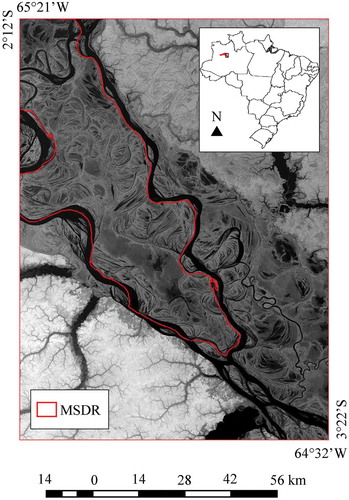 Figure 1. Study area. On the top: MSDR location (red area) in Central Amazon, Brazil. In the background, bottom part: MSDR limits are drawn on the SRTM image (red line).