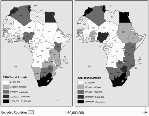 Figure 1: Number of tourist arrivals, 1996 and 2006