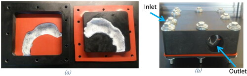 Figure 2. Model block encompassing the 3D printed physical model of a human male airways containing the oral cavity, pharynx and larynx. (a) Top and bottom sections of the block, both containing the impression of the airways lined with the cotton gauze. (b) Assembled model block showing the locations of the inlet and outlet ports.