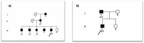 Figure 1. (a) Family A: Abridged British pedigree with posterior polar cataract; (b) Family B: Abridged Irish pedigree with posterior polar cataract. The diagonal line indicates a deceased family member. Squares and circles symbolize males and females, respectively. Open and filled symbols indicate unaffected and affected individuals, respectively. The arrow indicates the family members who participated in the WES analysis. All the available members in the family were sequenced to show the segregation.