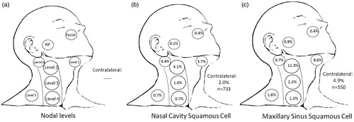 Figure 1. Nodal metastases at presentation: (a) depiction of each of levels 1–5, RP, intraparotid, and facial nodes. In (b) all nasal cavity SCC and (c) all maxillary sinus SCC.RP: retropharyngeal; SCC: squamous cell carcinoma. Bold values represent p-value ≤0.05.