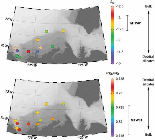 Figure 10. Spatial variations in surface sediment εNd and 87Sr/86Sr in the Canadian Beaufort Sea (Asahara et al. Citation2012; Vonk et al. Citation2015; Maccali, Hillaire-Marcel, and Not Citation2018; Schwab et al. Citation2021). The range of MTW01 sediments is shown on the right, alongside relative changes expected between the authigenic and carbonate phases and the pure detrital silicate signal (taken from tests individual extracted phases reported by Asahara et al. (Citation2012) and Schwab et al. (Citation2021). The lower 87Sr/86Sr ratios and less negative εNd signature of MTW01 sediments can both be partially explained by the influence of authigenic and carbonate phases, which were not removed in our study.
