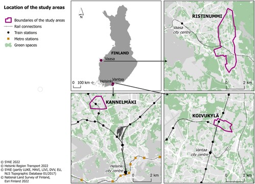 Figure 1. Location of the study areas in Helsinki, Vantaa, and Vaasa.