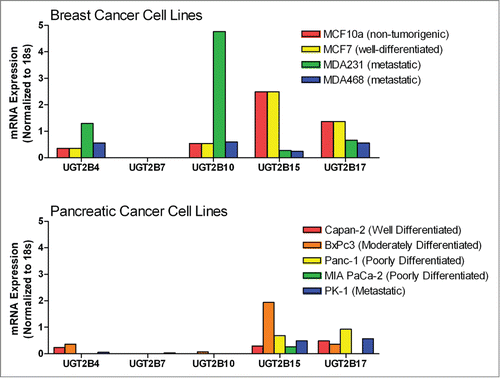 Figure 1. Comparison of steady-state mRNA levels for UGT2B isoforms in breast and pancreatic cancer cells lines measured using qPCR. Steady-state levels of UGT2B family mRNAs were quantified by qPCR in breast and pancreatic cancer cell lines. UGT2B mRNA expression is depicted normalized to 18s RNA. Breast: MCF-10A, a non-tumorigenic immortalized mammary epithelial cell line; MCF-7, a well-differentiated, non-metastatic cell line; MDA-231 and MDA-468, poorly-differentiated, metastatic cell lines. Pancreas: Capan-2, a well-differentiated, non-metastatic cell line; BxPC-3, a moderately-differentiated, non-metastatic cell line, Panc-1 and MIA PaCa-2, poorly-differentiated cell lines, PK-1, a metastatic cell line.