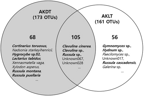 Figure 5. Comparison between OTUs of dead (AKDTs) and living (AKLTs) A. koreana. Venn diagrams show overlapping and non-overlapping OTUs from these sampling groups. Bold letters indicate ectomycorrhizal fungi.