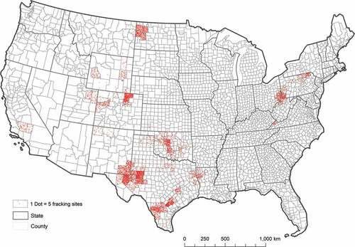 Figure 1. Distribution of active fracking sites in contiguous US counties from 2018 to 2019.