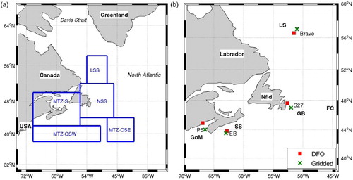 Fig. 1 (a) Map showing the NWA sub-region/domain and the five other sub-regions (Table 1) for which trends are presented in Table 4. (b) Map showing locations of the four DFO monitoring sites (P5 denotes Prince 5; EB, Emerald Basin; and S27, Station 27, as well as Bravo), the positions of the gridded data used in the comparison, and ocean areas discussed in the text (LS denotes Labrador Sea; FC, Flemish Cap; GB, Grand Bank; SS, Scotian Shelf; and GoM, Gulf of Maine).