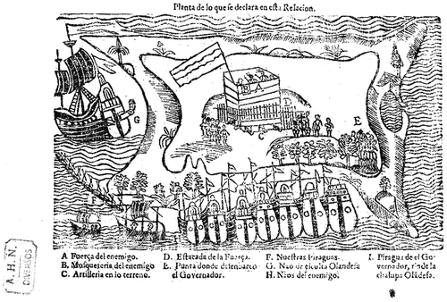 FIG. 9 La Tortuga skirmish of 1638 depicted on a map printed in Seville in 1639 (España, Ministerio de Educación, Cultura y Deporte. Archivo Histórico Nacional, AHN, Diversos-Colecciones, 26, N.81).