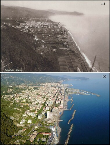 Figure 3. The floodplain and shoreline modification over the last two centuries: (a) view of Chiavari and Lavagna in 1890 (‘E. Migone’, photographer archive in Chiavari); (b) recent view of the urbanized floodplain and modified shoreline (P. Giacomelli).