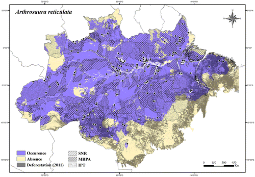 Figure 23. Occurrence area and records of Arthrosaura reticulata in the Brazilian Amazonia, showing the overlap with protected and deforested areas.