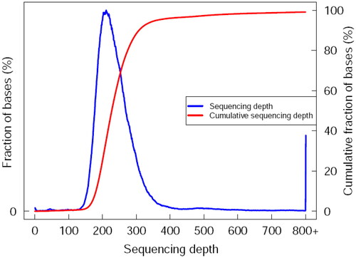 Figure 3. Sequencing depth and cumulative distribution of LYBC06 strain. Note: The data obtained from the sequencing of the LYBC06 strains revealed a good coverage with the reference genome, the sequencing depth coverage at least 1× was 81.01%, and coverage at least 4× was 80.84%.