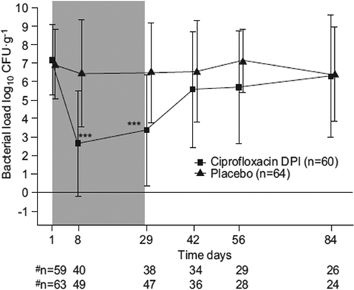 Figure 3. Phase II study results: significant reductions in bacterial load were seen for patients treated with ciprofloxacin DPI [Citation55]. Mean bacterial load for the modified intent-to-treat population treated with ciprofloxacin DPI in the Phase II study. Shaded area indicates treatment period (days). Mean reductions in colony forming units at end of therapy were significantly higher ciprofloxacin DPI vs placebo: −3.62 log10 CFU·g−1, range −9.78–5.02 log10 CFU·g−1 vs −0.27 log10 CFU·g−1, range −7.96–5.25 log10 CFU·g−1 *** p = 0.001. Reproduced with permission of the European Respiratory Society ©: European Respiratory Journal May 2013, 41 (5) 1107‐1115; Doi: 10.1183/09031936.00071312.