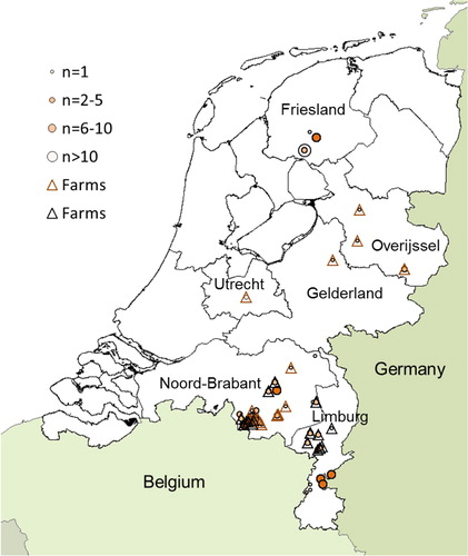 Fig. 1 Geographical origin of captured wild rats. Dots indicate number of rats that were captured. Triangles indicate farms where brown (brown triangle) and black rats (black triangle) were captured.