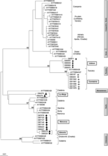 Figure 2. ML phylogenetic tree depicting the relationships between cytochrome b, haplotypes from native Podarcis sicula populations (Podnar et al. Citation2005) and those from the Iberian and Balearic introduced populations: Almeria, Cantabria, La Rioja, Lisbon, and Menorca. Specimens' localities are reported along with P. Sicula haploclades (grey boxes) as in Podnar et al. (Citation2005). Bootstrap support is indicated above the nodes of interest.