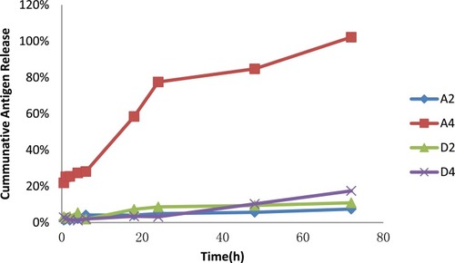 Figure 3 Release rate of nanoemulsions A and D. (A2 and D2 represented adsorption mode, and A4 and D4 represented capsule mode. Four-milliliter nanoemulsion contained 250 mg OVA was wrapped in dialysis bag a, with 120 mL PBS as release medium, the dialysate was collected periodically for protein assay on 0.5, 1, 2, 4, 6, 18, 24, 48, 72 hrs).